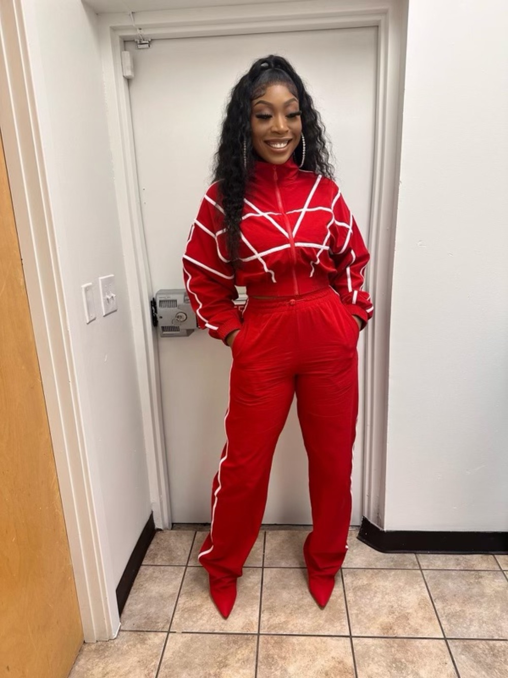 AKIRA Red Cropped Zip Track Jacket & High-Waist Joggers